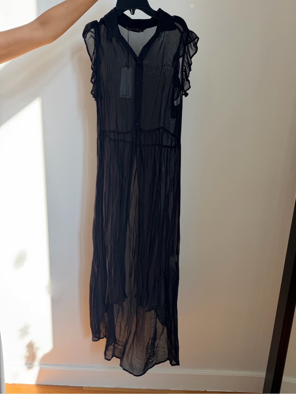 NEW Zara Black Sheer Ruffle Sleeve Dress